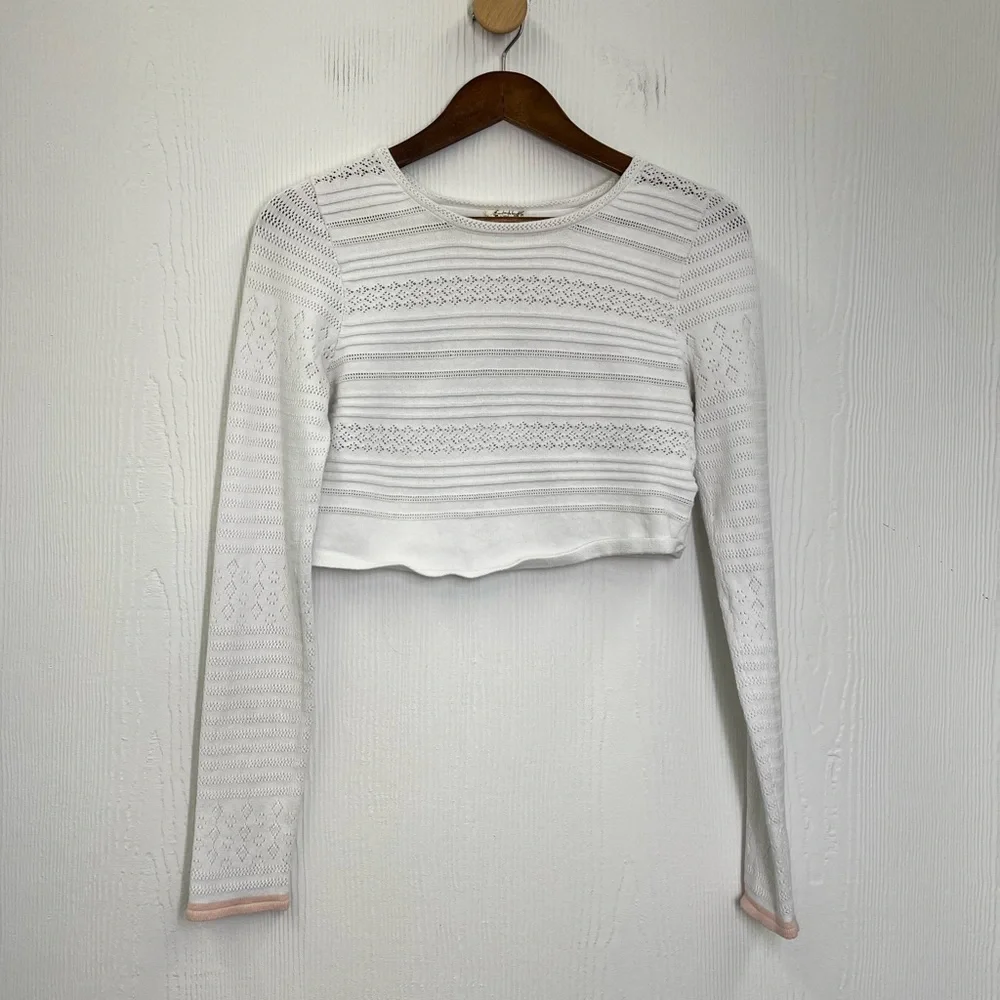 Free People - White Open Fun Design Long Sleeve Trimmed Pink Crop Top Medium
